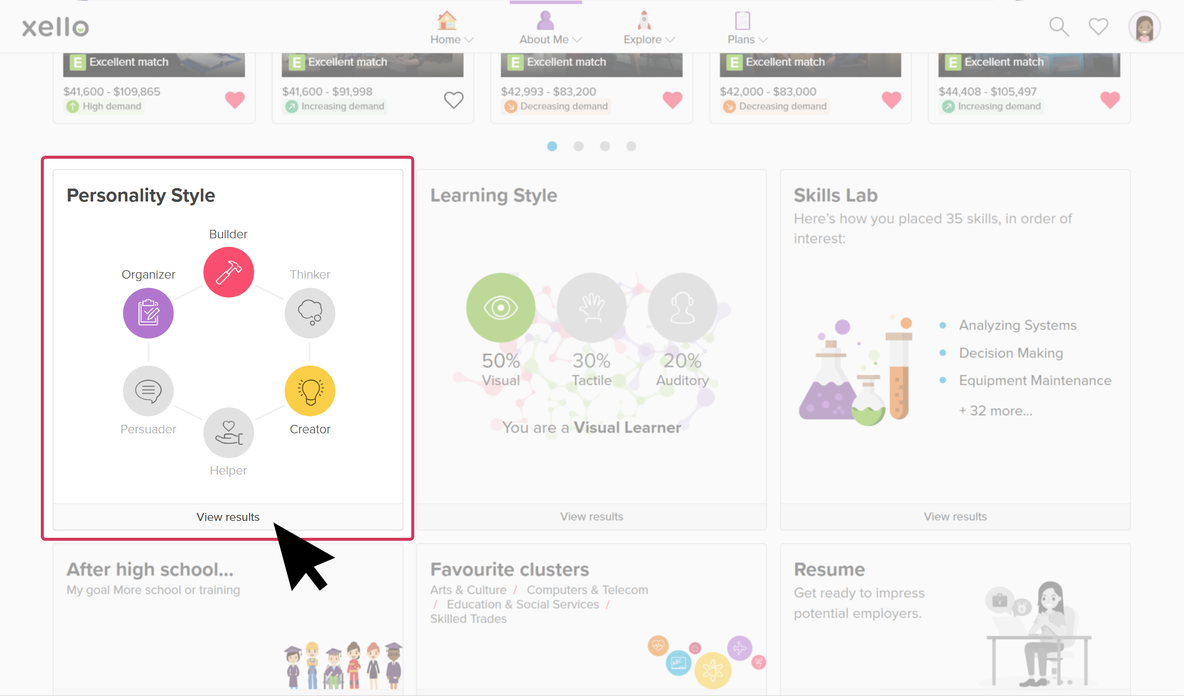 "About Me" page in Xello. Personality Styles is highlighted and being selected by a cursor